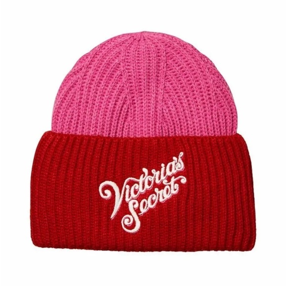 VICTORIAS SECRET KNIT WINTER COLORBLOCK SHINE LOGO BEANIE HAT